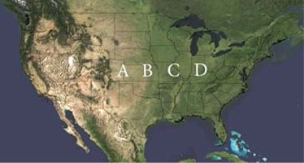 Which of the following locations would have low July dew-points, primarily because of the rain shadow effect?   A) A B) B C) C D) D