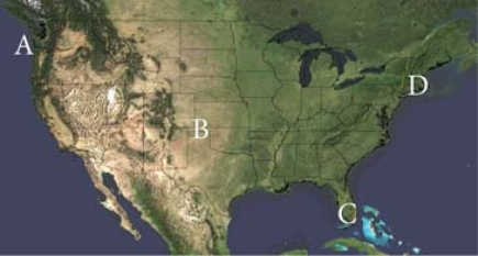 Which of the following locations has the best setting for creating radiation fogs?   A) A B) B C) C D) D