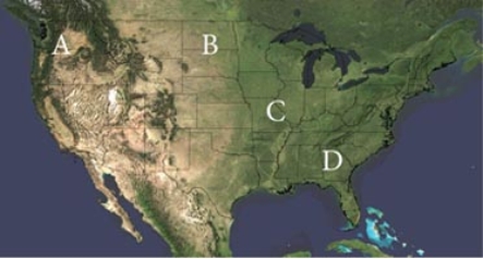 Which of the following locations experiences the greatest frequency of freezing rain due to the typical storm track of mid-latitude cyclones?   A) A B) B C) C D) D