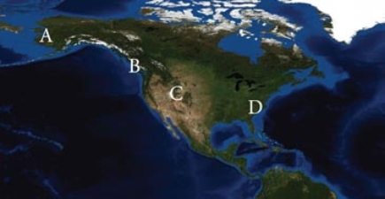 This location receives the more precipitation than any other region, for any time of year, due to orographic lifting, prevailing westerly winds, and proximity to moisture laden ocean air.   A) A B) B C) C D) D
