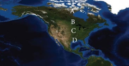 Which of the following locations would have the lowest January precipitation totals as a result of the air's low water vapor capacity?   A) A B) B C) C D) D