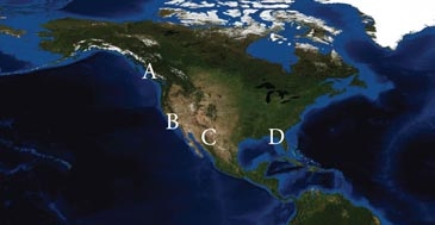  This region receives the \underline{\text{  most}}    July precipitation due to the clockwise circulation of high pressure supplying warm, moist air:   A) A B) B C) C D) D 