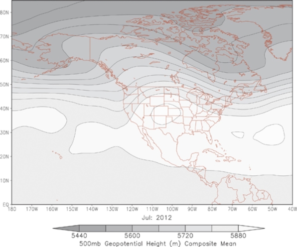 The 500 mb pressure patterns displayed would bring _________________________ to Texas and the High Plains.   A) zonal flow which neither suppresses nor supports storms B) a trough of low pressure, supporting storm formation C) zonal flow, supporting storm formation D) a ridge of high pressure, suppressing storm formation