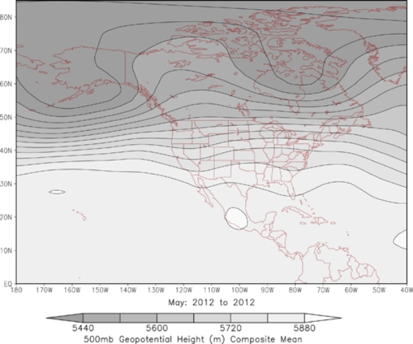 The 500 mb pressure patterns displayed would bring  _______ to Texas and the High Plains.   A) zonal flow, neither suppresses nor supports storms B) a trough of low pressure, supporting storm formation C) a ridge of high pressure, suppressing storm formation D) zonal flow, supporting storm formation