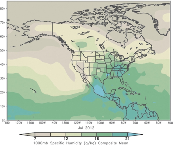 Observe these two maps of specific humidity, the top from July 2012, the bottom from May 2012.Which condition could account for the observed changes?     A) July strengthening of the Bermuda-Azores high advecting moisture to the High Plains from the Gulf of Mexico B) May strengthening of the Bermuda-Azores high advecting moisture to the High Plains from the Gulf of Mexico C) July strengthening of the Hawaiian high advecting moisture in a zonal pattern to the High Plains from the Pacific D) May strengthening of the Hawaiian high advecting moisture in a zonal pattern to the High Plains from the Pacific