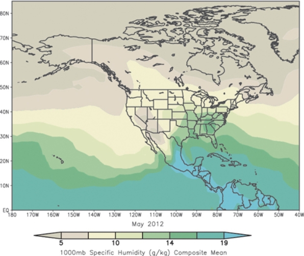 Observe these two maps of specific humidity, the top from July 2012, the bottom from May 2012.Which condition could account for the observed changes?     A) July strengthening of the Bermuda-Azores high advecting moisture to the High Plains from the Gulf of Mexico B) May strengthening of the Bermuda-Azores high advecting moisture to the High Plains from the Gulf of Mexico C) July strengthening of the Hawaiian high advecting moisture in a zonal pattern to the High Plains from the Pacific D) May strengthening of the Hawaiian high advecting moisture in a zonal pattern to the High Plains from the Pacific