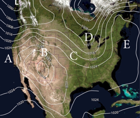 What location best represents a trough of low pressure?   A) A B) B C) C D) D E) E