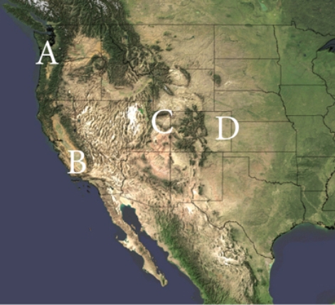 Which of the following locations has the greatest chance of experiencing Santa Ana winds?   A) A B) B C) C D) D