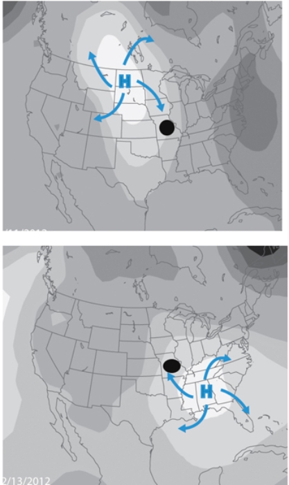 The dot on this map represents Missouri.Based on your knowledge of the anticyclone's wind direction, how would temperatures change between 2/11/2012 and 2/13/2012?   A) cooler then warmer B) warmer then cooler C) cold then colder D) temperatures wouldn't change