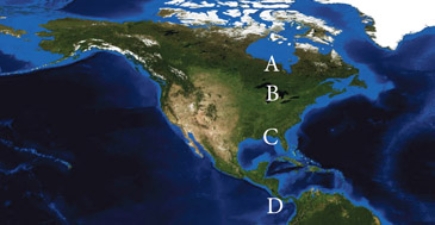 Which of the following letter combinations best represents the July location of the polar front jet stream and the subtropical jet stream?   A) A, C B) A, B C) B, C D) B, D