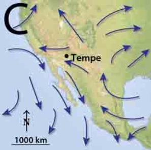 Which of the following represents the best wind pattern for monsoon precipitation conditions?       A) A B) B C) C D) none of these choices would bring a maximum for monsoon precipitation