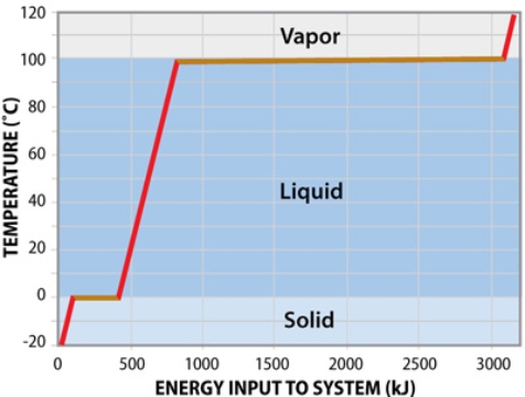 From this graph, one should conclude that   A) most of the energy input into the system goes toward changing temperature not changing state. B) most of the energy input into the system goes toward a more ordered, rigid, molecular structure. C) none of these options are correct. D) most of the energy input into the system goes toward changing state, not to change temperature.