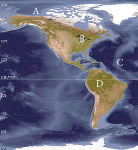 Where is the least and greatest amount of outgoing longwave radiation (OLR) located?   A) A & B B) A & C C) A & D D) C & D