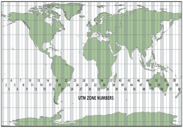 The map below is showing zone numbers associated with which coordinate system?   A) Universal Transverse Mercator B) State Plane Coordinate System C) Public Land Survey System