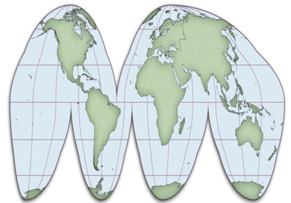 The map below uses what type of map projection?   A) cylindrical B) sinusoidal C) conical D) planar