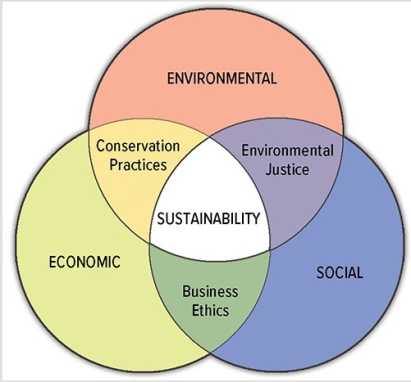 The three components of sustainability to which all communities should strive to achieve,depicted by the Venn diagram below,are   A) environmental,economic,and social. B) environmental,spiritual,and metaphysical. C) environmental,academic,and artistic. D) environmental,critical,and creative.