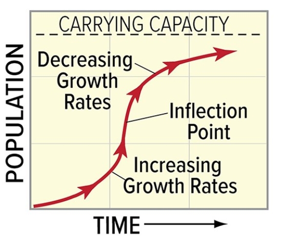 In the diagram below,the dashed horizontal line represents the exponential growth coefficient   A) carrying capacity. B) competition level. C) reproduction rate. D) niche level.