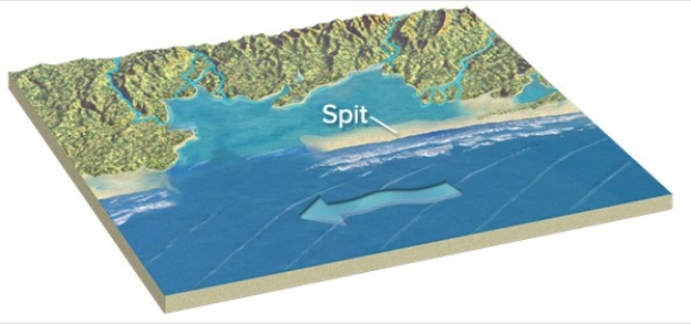 Which way is the current moving along this coastline?   A) Out to sea B) In toward the coast C) From right to left D) From left to right