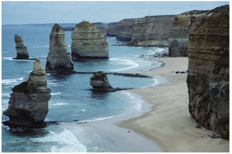 <strong>What features are shown in this photograph? </strong> A)Coral reefs B)Karst topography C)Pinnacles and sea stacks D)Sea caves E)None of these are correct.