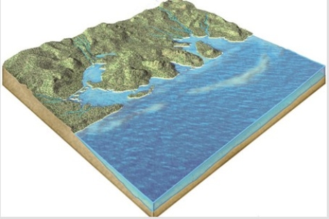 What geologic event is probably indicated by this irregular coast,with estuaries?   A) A rise in sea level B) A drop in sea level C) Erosion due to large tsunamis D) The uplift of submarine canyons