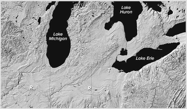 What is the origin of smooth troughs (T on this figure) cutting across the landscape in the Great Lakes area?   A) The areas were covered by soft marine sediments. B) A huge flood coming from Iowa flowed toward the Great Lakes. C) Glaciers carved out the smooth troughs. D) All of these are correct.
