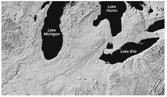 What is the origin of curved ridges (R on this figure) in the Great Lakes area?   A) Folds produced during a continental collision B) Paths of ancient rivers C) Piles of sediment deposited by retreating glaciers D) Remnants of a meteoroid impact