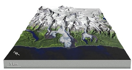 What type of glacier is shown below on the gently sloping land near the coastline?   A) Tropical coast glacier B) Shoreline glacier C) Piedmont glacier D) Continental ice sheet