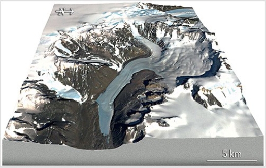What type of glacier is shown in the center of this image?   A) Ribbon glacier B) Valley glacier C) Low-elevation glacier D) High-elevation glacier