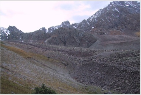 The feature below has angular rocks on the outside and slowly flowing ice on the inside.It is called a(n)    A) ice glacier. B) nunatak. C) cirque glacier. D) rock glacier.