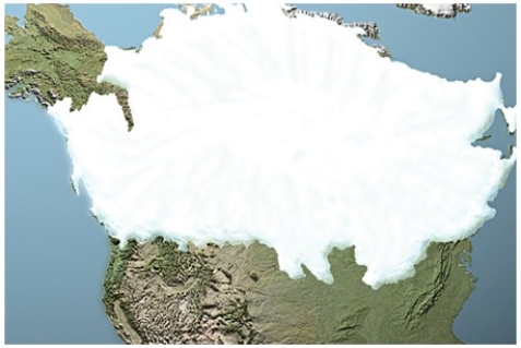 In the map below,the two ice sheets shown are called the   A) Cordilleran in the west and Laurentide in the east. B) Laurentide in the west and Cordilleran in the east. C) Yukon in the west and Aftonian in the east. D) Sangamon in the west and Icelandic in the east.