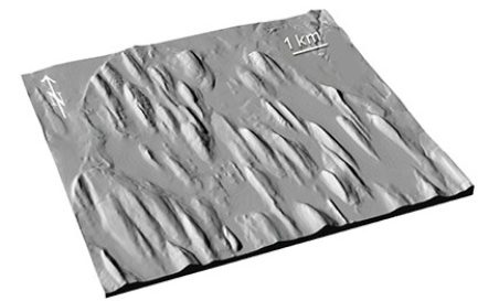 What do these teardrop-shaped hills (drumlins) record?   A) Ancient lake levels B) Piles of sediment recording past positions of the end of the glacier C) Erosion and sculpting of soft materials by a moving glacier D) Melting of large blocks of rock in the ice