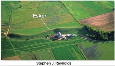What do these curved ridges (eskers) suggest happened on the landscape?   A) Ancient shorelines were present. B) Meltwater channels were below or within a glacier. C) Soft glacial sediment was shaped by the moving glacier. D) Glacially derived,wind-blown dust was abundant.