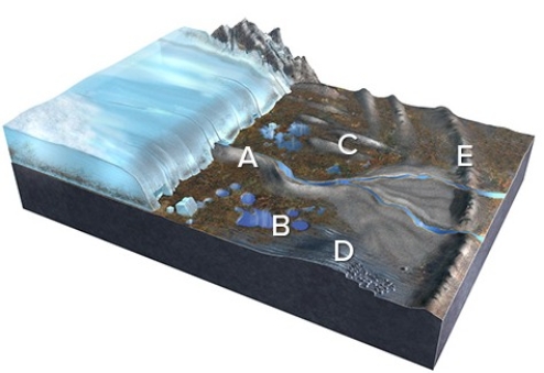 Which of the features labeled on this figure is a terminal or recessional moraine?   A) A B) B C) C D) D E) E