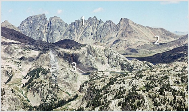 Which numbered feature(s) on this photograph are consistent with the presence of glaciers sometime in the past?   A) 1,an arête B) 2,U-shaped valley C) 3,tarn D) All of these are correct.
