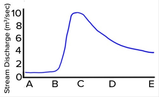 What units of measure would most likely be represented by letters A-E on the bottom of the accompanying hydrograph?   A) Meters B) Hours C) Kilograms D) Miles