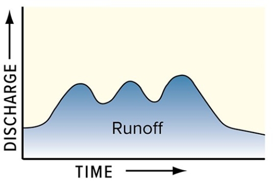 What is a reasonable interpretation for the flow event recorded by this hydrograph?   A) There were two pulses of runoff because there were two storms. B) The drainage basin has several distinct parts. C) One pulse could be due to snowmelt and the other to rain. D) All of these are correct.