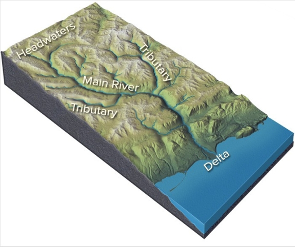 In this diagram,water velocity downstream generally   A) decreases. B) remains the same. C) increases. D) There is no way to tell because discharge cannot be determined.