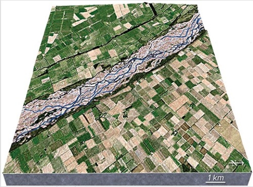 What type of stream is shown in this figure?   A) Meandering stream B) Braided stream C) A stream whose main channel has high sinuosity D) An esker