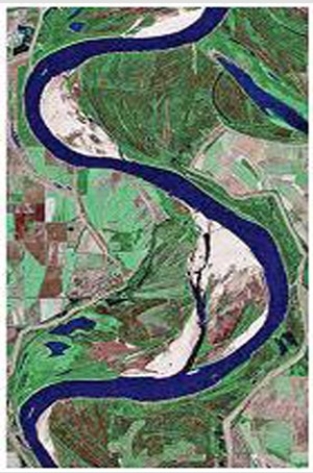 What type of stream is shown in this figure?   A) Braided stream B) A stream whose channel has a low sinuosity C) Meandering stream D) A stream that lacks point bars E) All of these are correct.