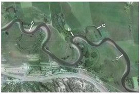 Which of the features on this aerial photograph is a point bar?   A) A B) B C) C D) D