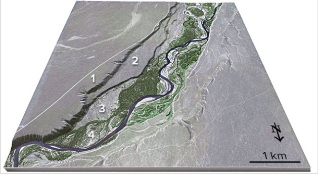 This figure shows four numbered river terraces,with 1 being the highest and 4 being the lowest.Which is the oldest terrace?   A) 1 B) 2 C) 3 D) 4