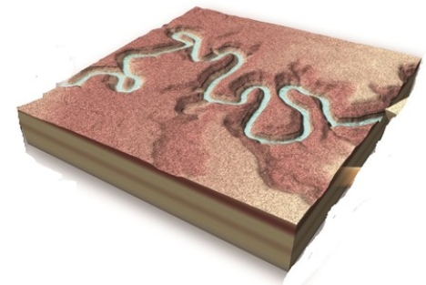 How did the entrenched meanders shown in this figure form?   A) Rising seas flooded a meandering river valley. B) The land subsided and the river deposited sediment. C) A meandering river carved into the land due to uplift or falling base level. D) None of these are correct.