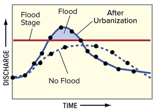 Comparing these two curves on this hydrograph,the solid curve could record   A) a shorter but more intense precipitation event. B) the response of the stream to urbanization. C) a more rapid spring snowmelt. D) All of these are correct.
