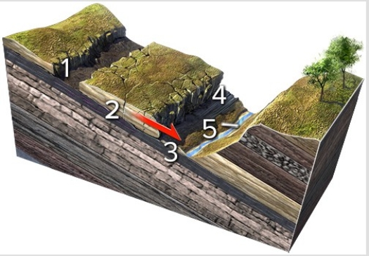 Which numbered feature on this figure is critical to enable a rock slide to start?   A) 1,a linear or curved scar marking where the slide pulled away from the hill B) 2,small fractures within the sliding block C) 3,layers,fractures,or some other discontinuity inclined downslope D) 4,the front of the slide,where it overruns the land surface E) 5,a valley or other open space in front of the slide
