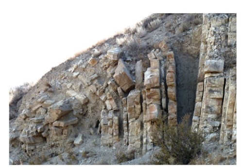 The type of slope failure shown in this photograph is   A) creep. B) a rock slide. C) a debris avalanche. D) a debris flow. E) All of these are correct.