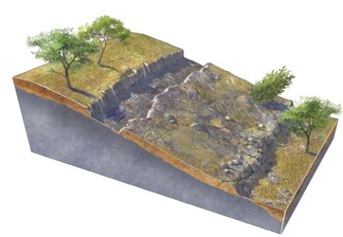 What type of slope failure is shown in this figure?   A) Rotational slide B) Creep C) Debris slide D) Debris flow E) Rock fall
