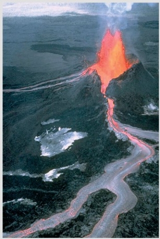 Which of the following are characteristics of actively erupting volcanoes?   A) Glowing orange lava flowing downhill. B) Fragments of molten rock blasting into the air. C) Billowing clouds of ash rising into the air. D) All of these are correct.