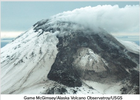 What type of material likely composes this volcano?   A) Felsic to intermediate lava flows B) Pyroclastic flows C) Volcanic mudflows and landslides D) All of these are correct.