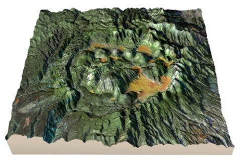 What type of eruption formed the main volcanic features in this figure?   A) Fluid lava flows B) Large pyroclastic eruptions C) Lava fountain D) Fissure eruptions E) Eruptions beneath the seafloor