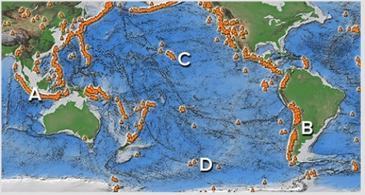 Which of the following sites would most likely have composite volcanoes? A is on an island arc,B is in the Andes,C is near Hawaii,D is along a midocean ridge.   A) A and B B) B and C C) C and D D) A and C E) B and D